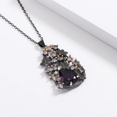 Load image 1 in gallery view. Retro Style Gothic Black Rhodium Plated Hollow Branch Purple Zircon Necklace for Women