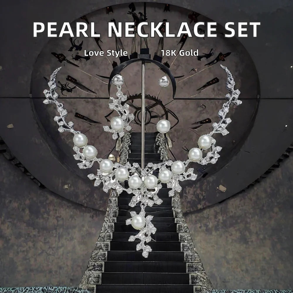 18K Gold Plated Women's Pearl Necklace Set Weddings Engagements