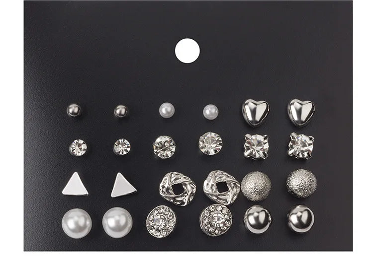 12 Pairs Earring Set Square Crystal Heart Stud Earrings Jewelry Sets for Women Piercing Simulated Pearl Flower Earring, Silver Plated, Gold Plated