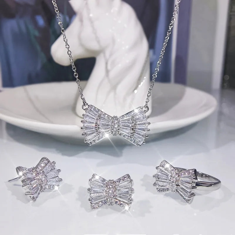 Minimalist Bowknot Zircon Platinum Plated Jewelry Set