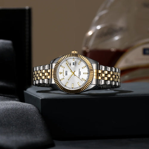 Load image 1 in gallery view. Quartz Men Watch 30M Waterproof Stainless Steel White Dial Silver Gold Strap