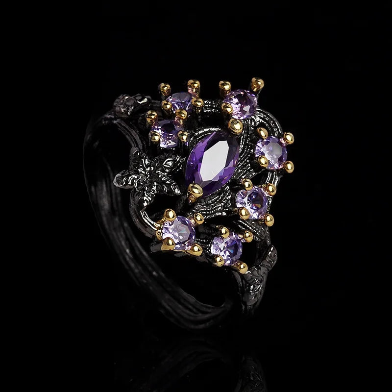 Antique Jewelry Black Plated Purple Zircon Hollowed Out Ring for Women