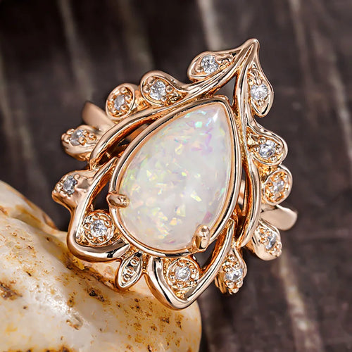 Load image 1 in gallery view. Champagne Gold Plated Zircon Rings Marquise Cut Pear Shaped Opal Rings for Women Wedding