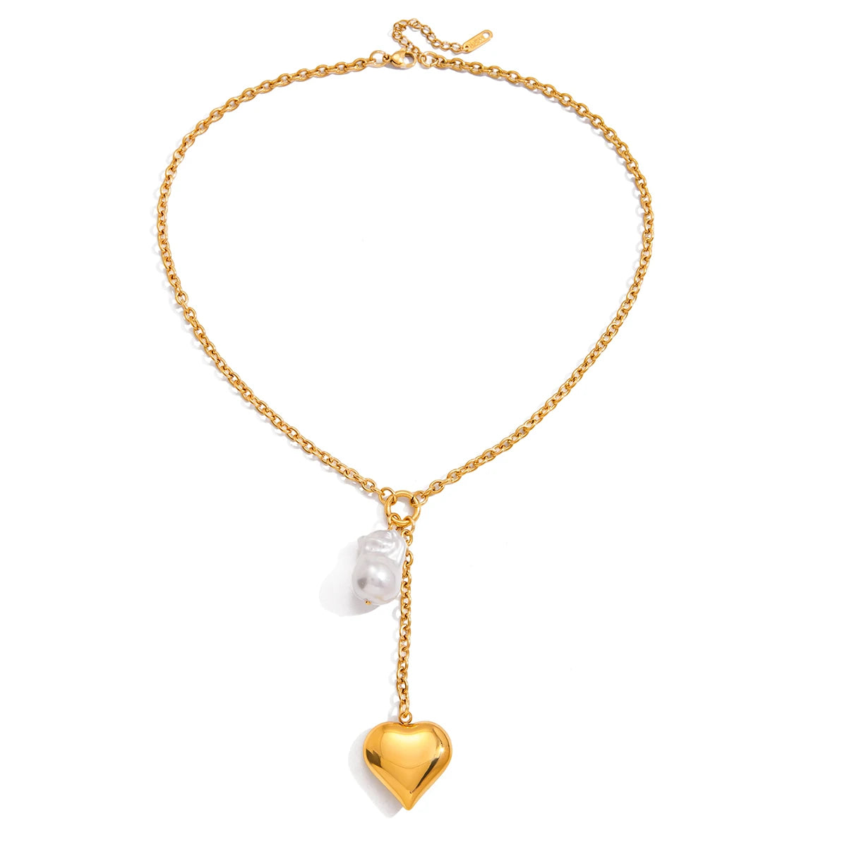 Gold Plating Stainless Steel Waterproof Y Chain Glass Pearl Heart Pendant Necklace Women's Children