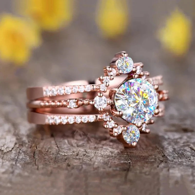 Crown Design Round Dazzling Zircon Rings for Bridal Wedding Rose Gold Color Plated Rings for Women