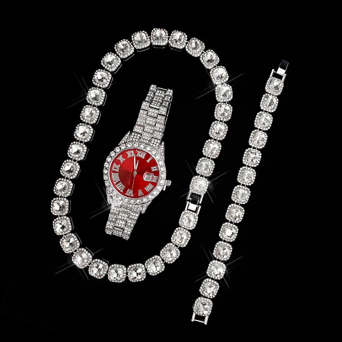 Quartz Movement Red Diamond Watch Sugar Bracelet Necklace Three-piece Set