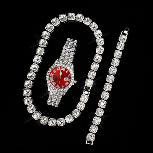 Load image 1 in gallery view. Quartz Movement Red Diamond Watch Sugar Bracelet Necklace Three-piece Set