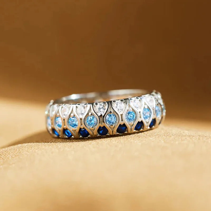Circle Design White/Blue/Sea Blue Shiny Zircon Eternity Band Rings for Bridal Wedding Silver Plated
