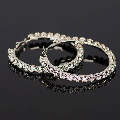 Load image 1 in gallery view. Silver Gold Rose Gold Plated Crystal Ladies Earrings Women Bridal Diamond Zircon Big Large Hoop Earrings