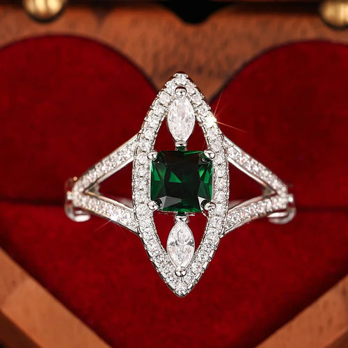 Load image 1 in gallery view. Silver Plated Green Crystal Zircon Marquise Shaped  Rings for Women