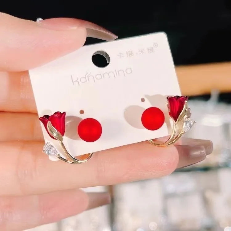 Gold Plated Diamond Earrings Crystal Ginkgo Red Flower Pearl Tulip Stud Earrings