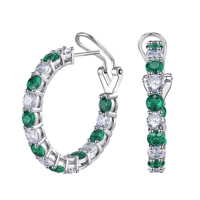 Blue/Green Crystal Cubic Zirconia Circle Hoop Earrings for Women Bridal Wedding Party Silver Plated Hoop Earrings