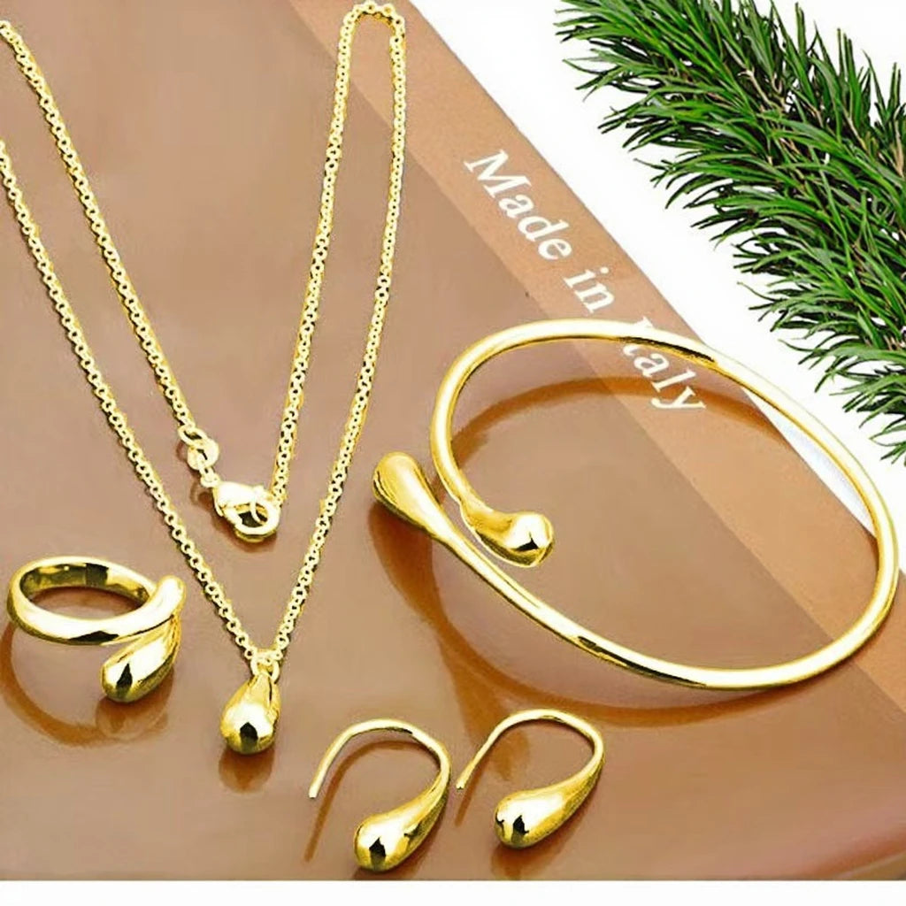 Gold Plated Water Drop Jewelry Set Adjustable Ring Necklace Bracelet Trendy For Women Wedding Engagement Anniversary