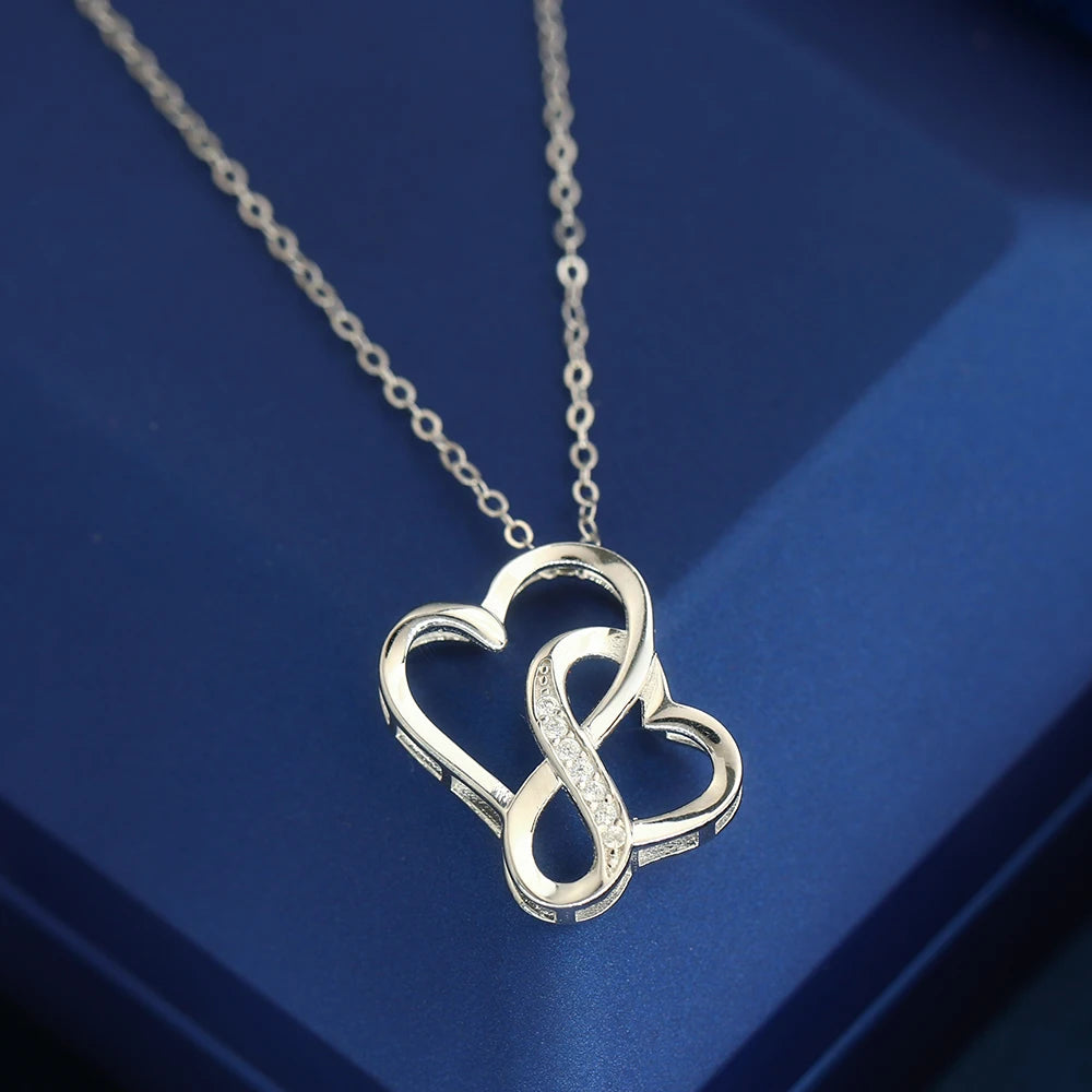 Charm Love Silver Color Inlaid Zircon Heart Necklace Interwoven | Double Heart Pendant Clavicle Chain | Infinity Heart Necklace | Necklace for Valentine’s Day, Anniversary &amp; Everyday Wear