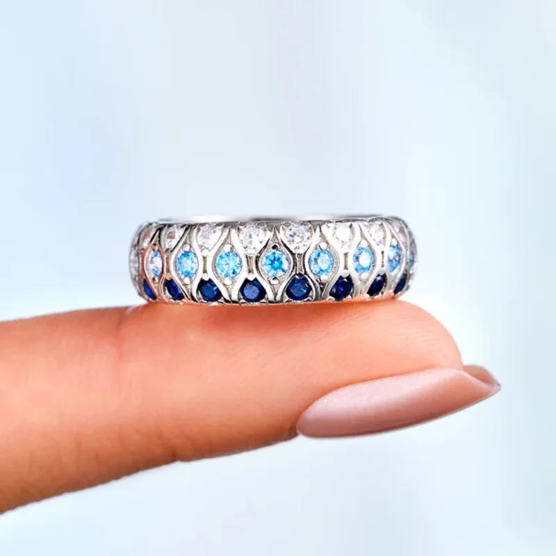 Circle Design White/Blue/Sea Blue Shiny Zircon Eternity Band Rings for Bridal Wedding Silver Plated