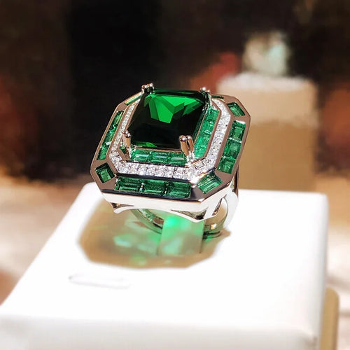 Load image 1 in gallery view. Geometric Shape Green Big Zircon Ring and Necklace