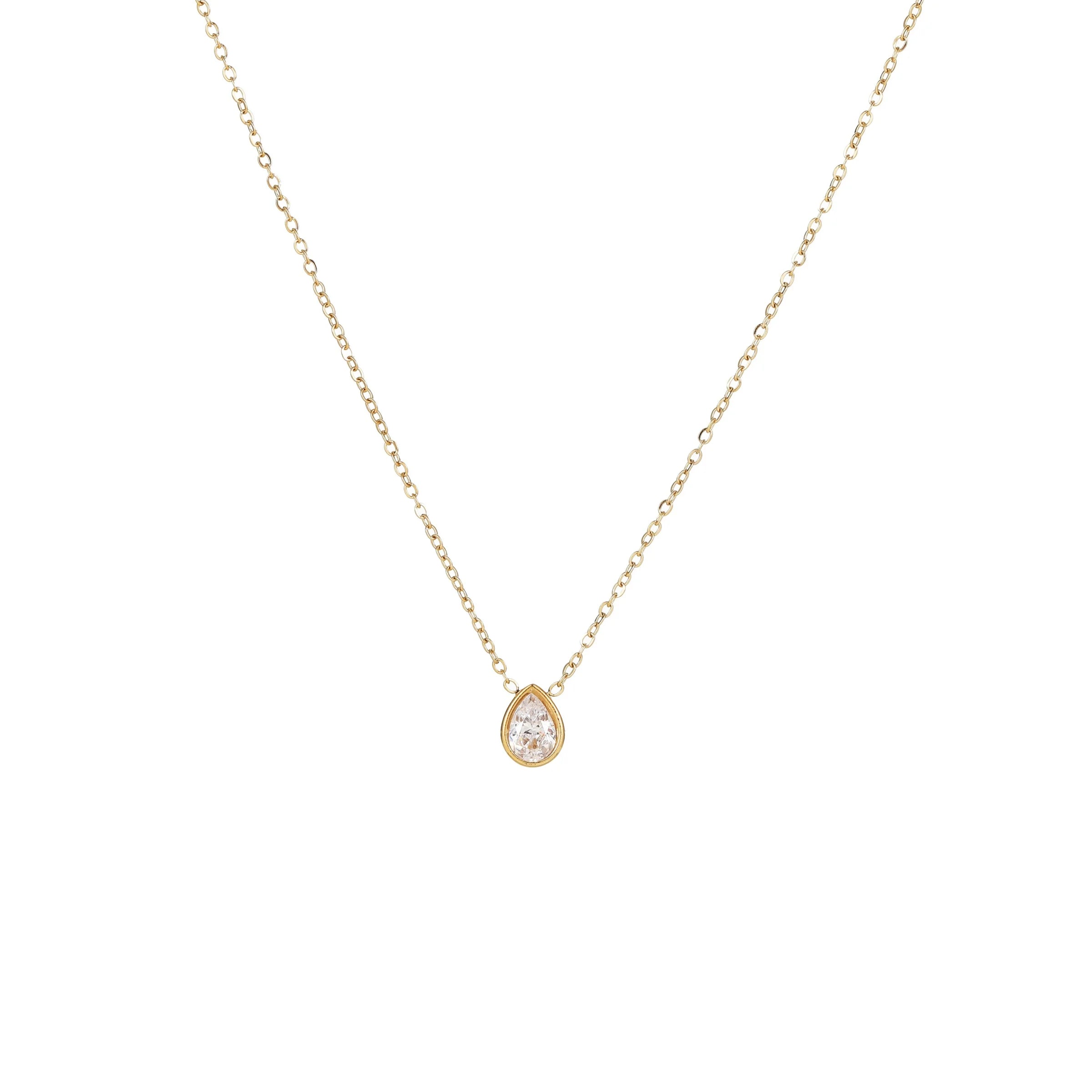 18K Gold Plated Teardrop Zirconia Necklace Single Stone Water Drop Pendant