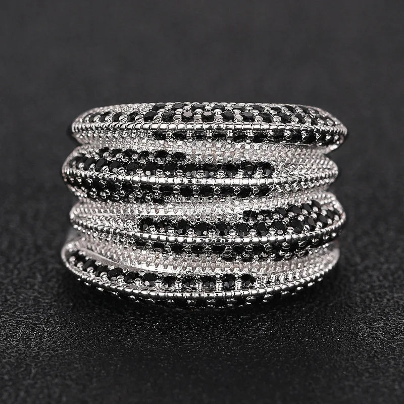 Silver Plated Multi Layers Sparkling White/Black Zircon Rings Wedding for Women