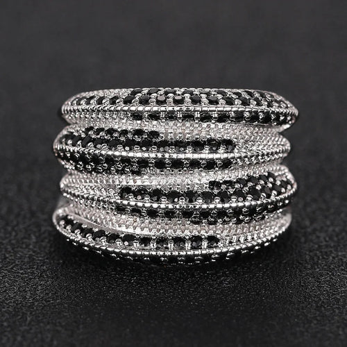 Load image 1 in gallery view. Silver Plated Multi Layers Sparkling White/Black Zircon Rings Wedding for Women