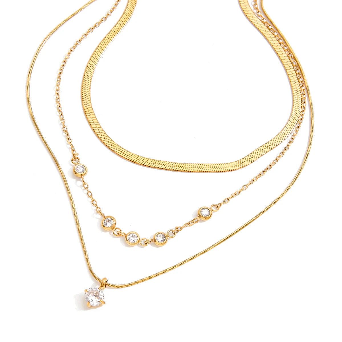 Gold Plating Three Layers Round Flat Snake Chain Necklace