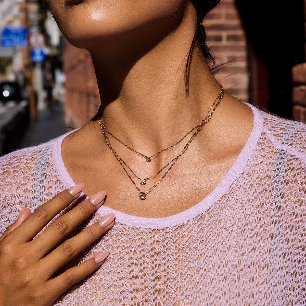 18K Gold Plated Classic Round White Zircon Pendant O-Chain Three-Layer Necklace