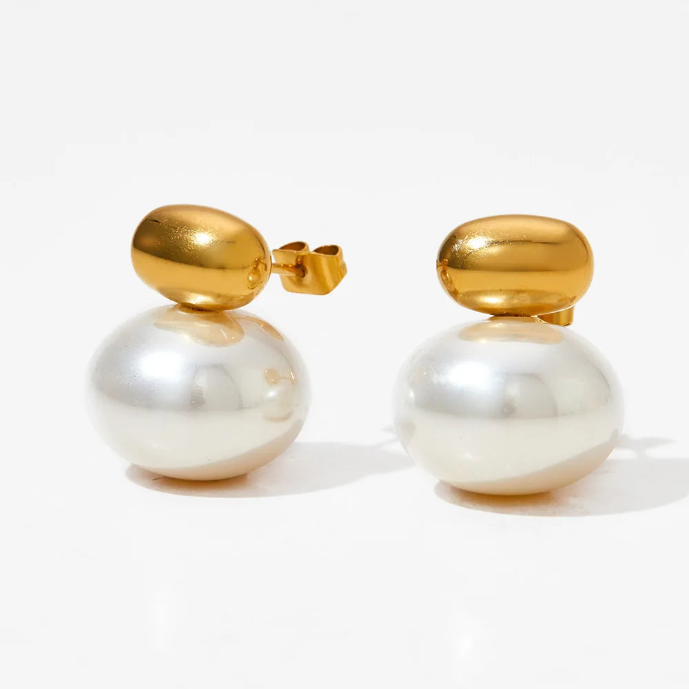 Gold Plated Oval Bead Imitation Pearl Stud Earrings Trendy Jewelry for Anniversary