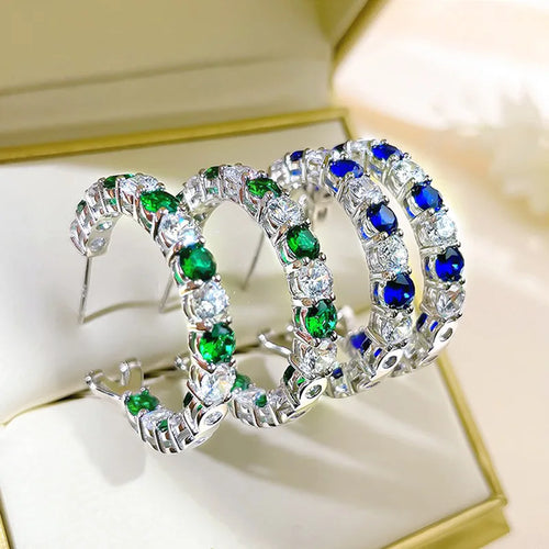Load image 1 in gallery view. Blue/Green Crystal Cubic Zirconia Circle Hoop Earrings for Women Bridal Wedding Party Silver Plated Hoop Earrings