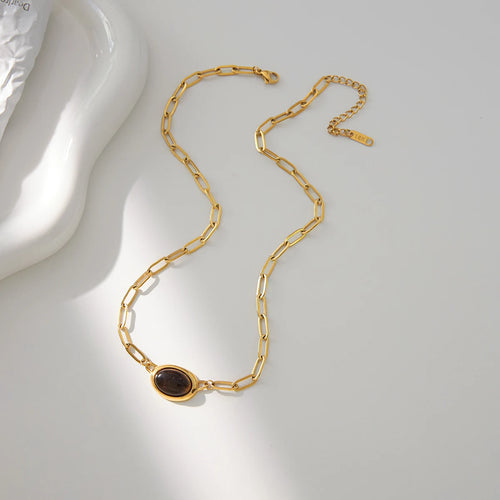 Load image 1 in gallery view. 18K PVD Gold Plate Classic Vintage Tiger Eye Stone Clip Chain Necklace