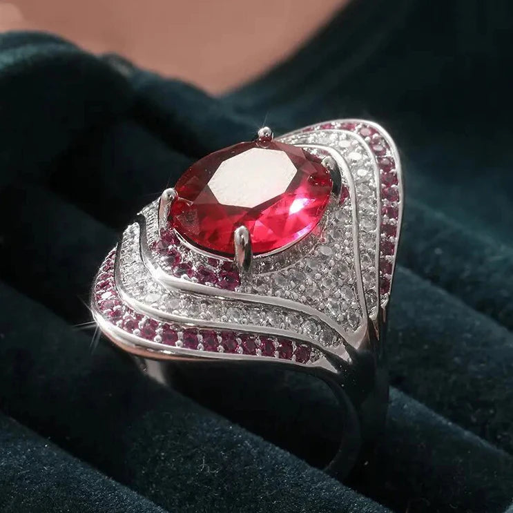 Silver Plated Exquisite Oval Shaped Design Red/Pink Brilliant Cubic Zirconia Wide Rings