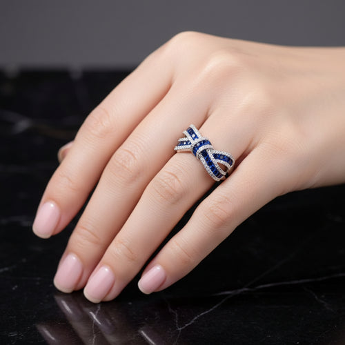 Load image 1 in gallery view. Silver Plated Bowknot Design Red Blue Zirconia Ring Women for Party