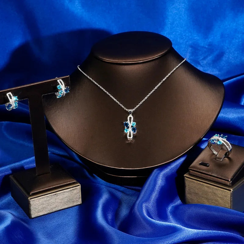 Graceful Geometric Blue Zircon Jewelry Set Platinum Plated Set Necklace, Earrings and Ring