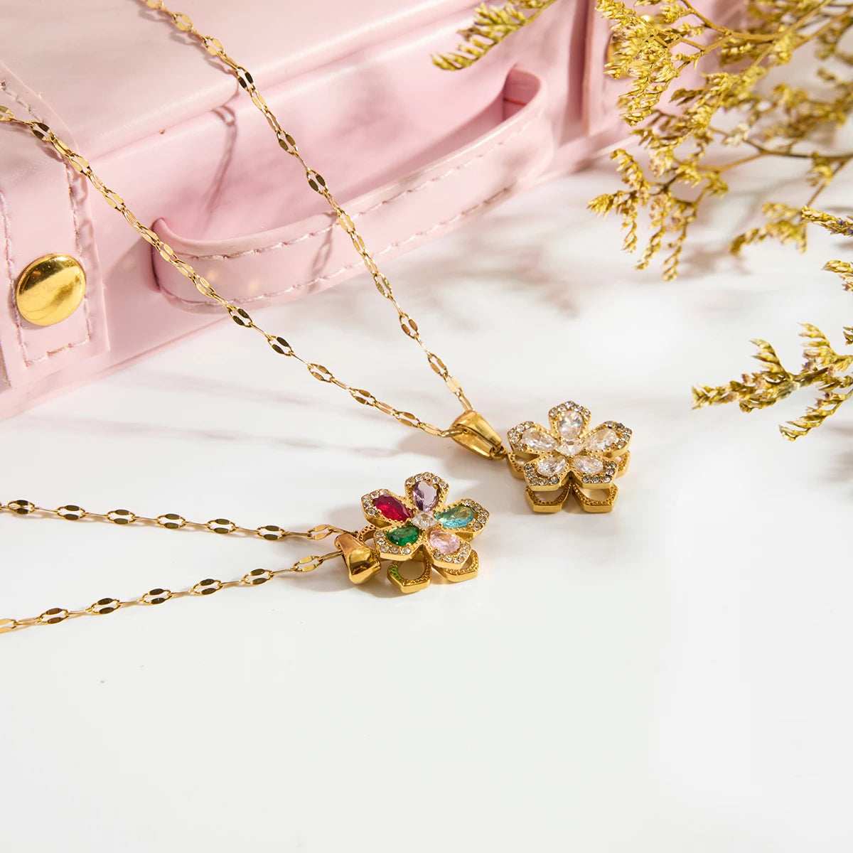 Anti Stress Necklace Classic Zircon Fidget Spinner Flower Rotatable Pendant Necklace
