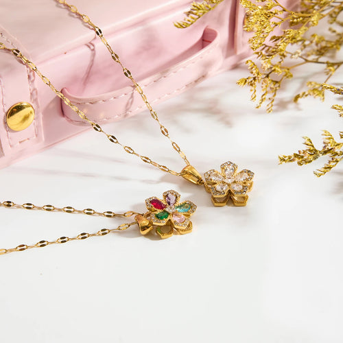 Load image 1 in gallery view. Anti Stress Necklace Classic Zircon Fidget Spinner Flower Rotatable Pendant Necklace