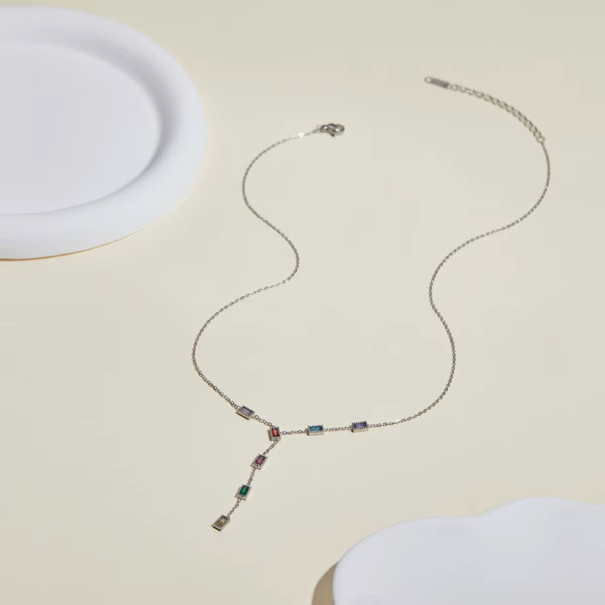 Gold and Silver Stainless Steel Y Necklace - Colorful Zircon Fringe Pendant