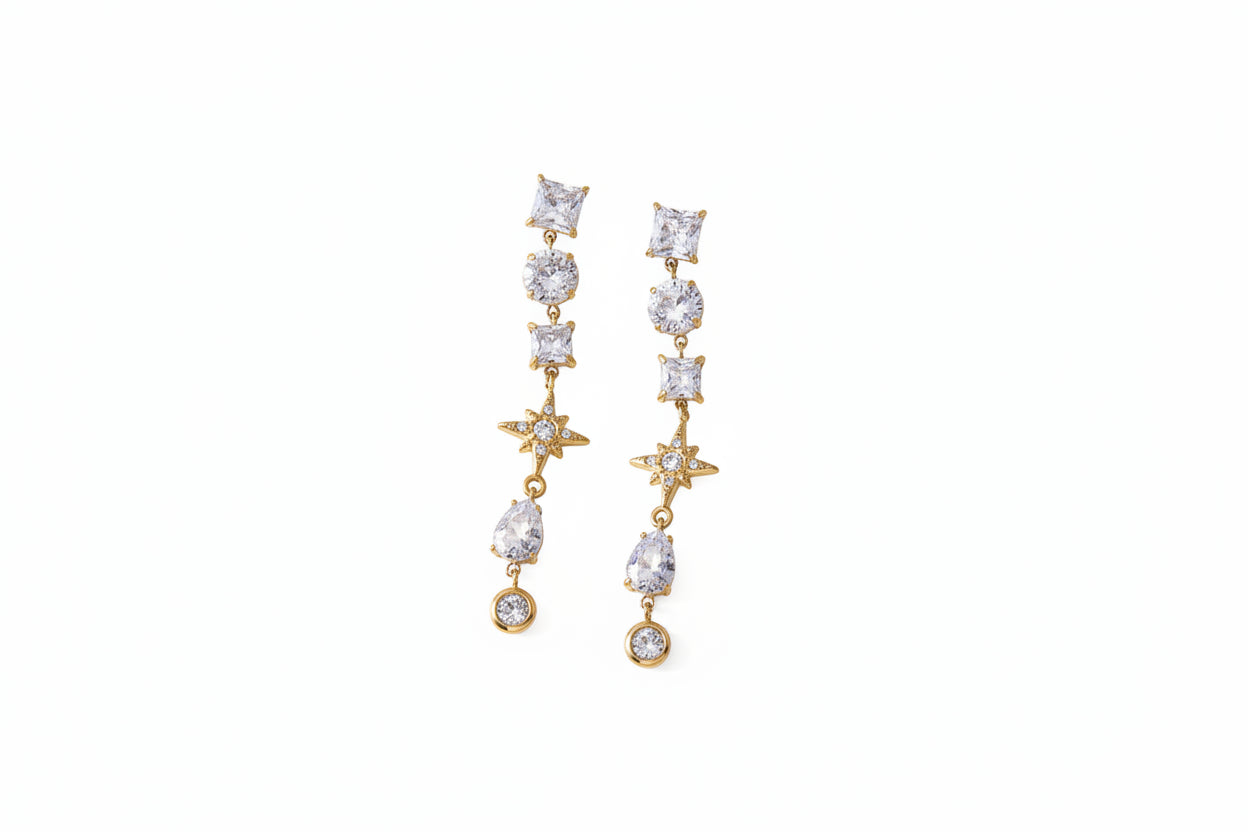 North Star Geometric Stone Zircon Tassel Tarnish Free Earrings 18K Gold Plated