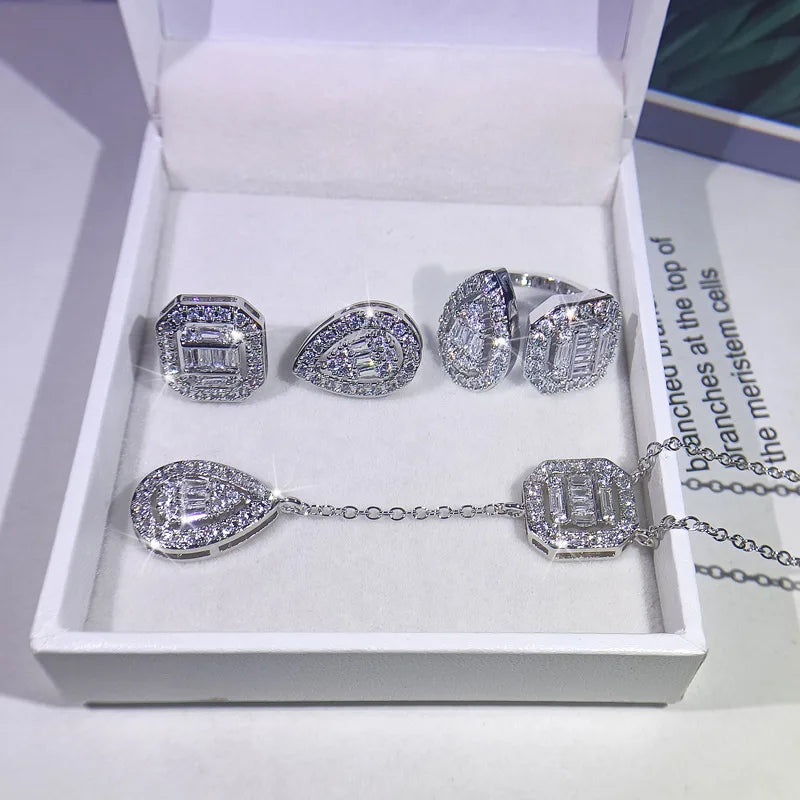 Zircon Platinum Plated Jewelry Set Necklace, Earrings and Ring