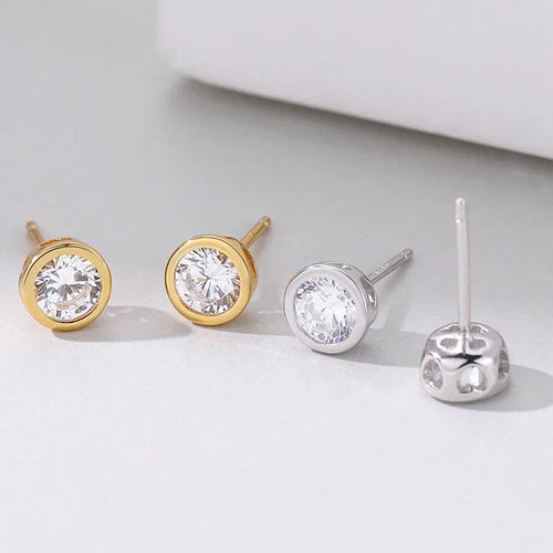 Load image 1 in gallery view. Sterling Silver Round Stud Earrings, Cubic Zirconia, Gold & Silver Gift for Woman, Man, Kids