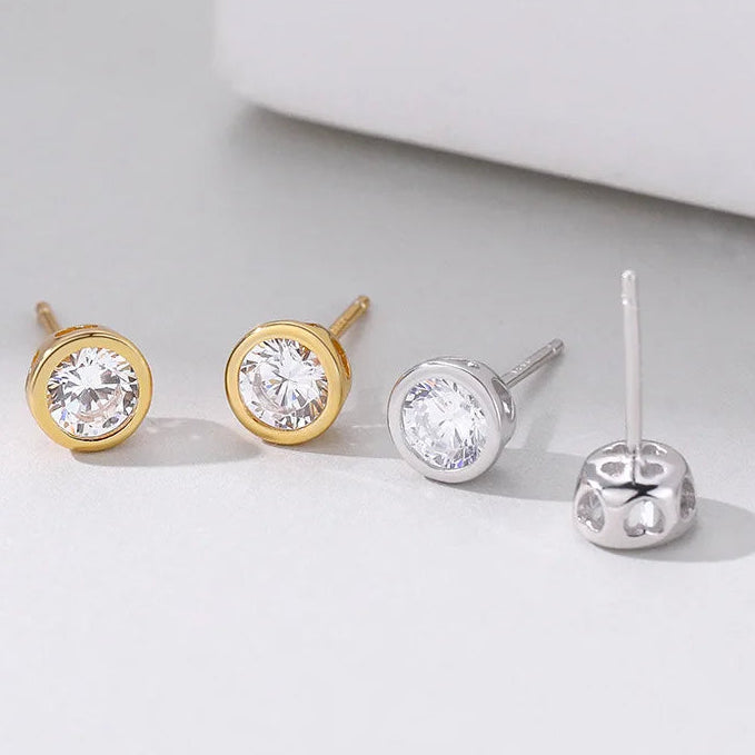 Sterling Silver Round Stud Earrings, Cubic Zirconia, Gold & Silver Gift for Woman, Man, Kids