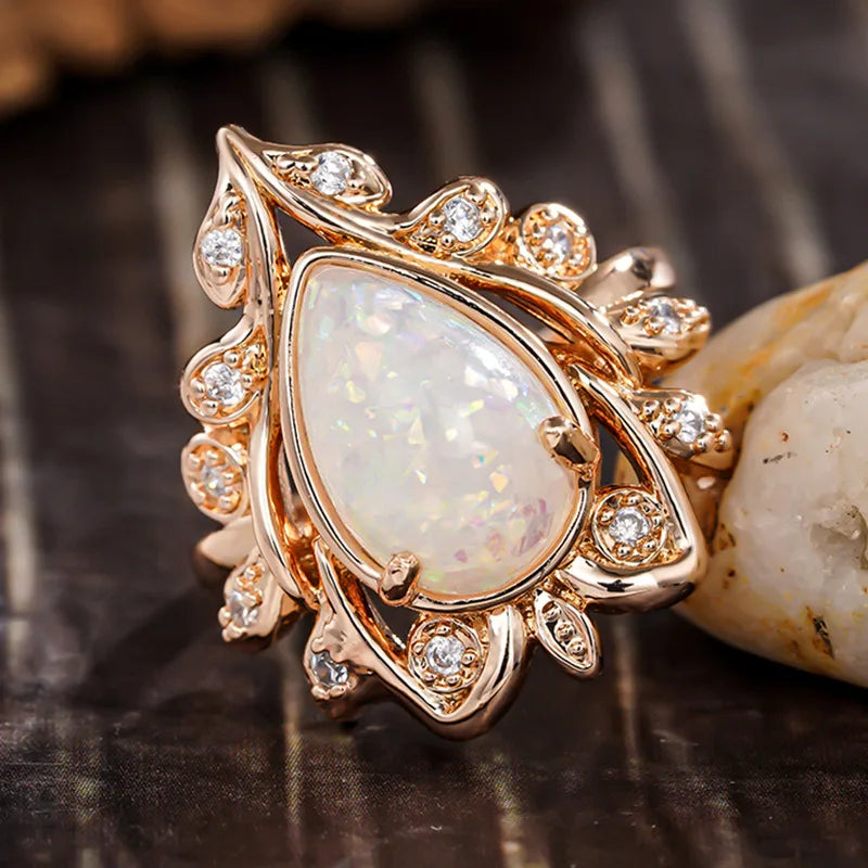 Champagne Gold Plated Zircon Rings Marquise Cut Pear Shaped Opal Rings for Women Wedding