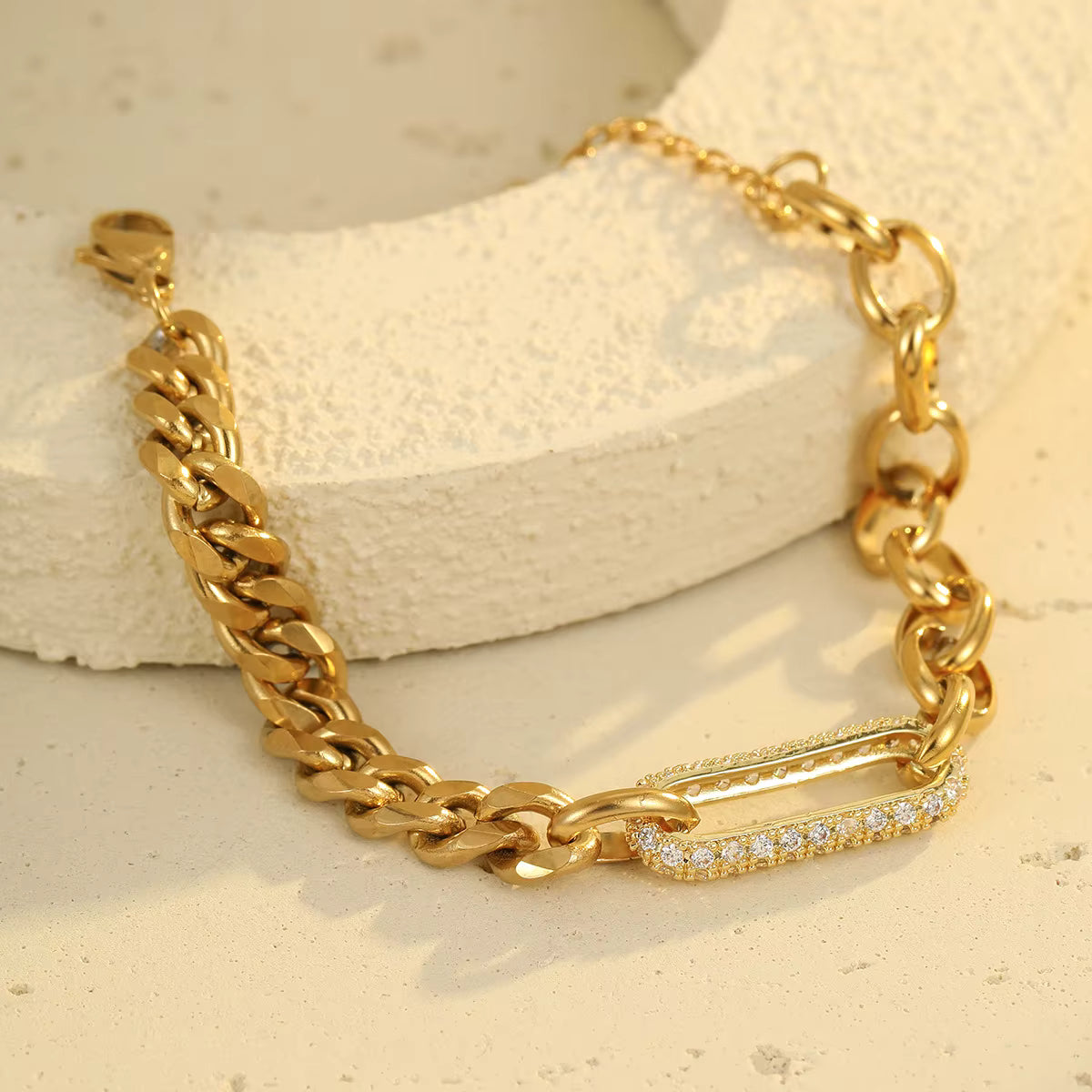 Fashion Charm Chain Bracelet Geometric Zircon Stainless Steel Waterproof Gold Plated
