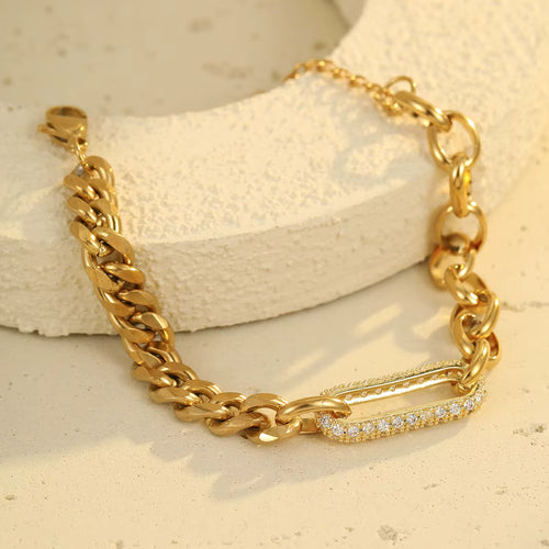 Load image 1 in gallery view. Fashion Charm Chain Bracelet Geometric Zircon Stainless Steel Waterproof Gold Plated