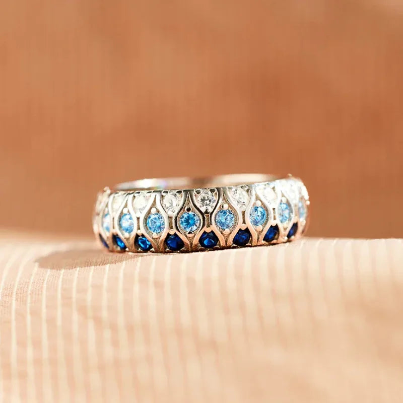 Circle Design White/Blue/Sea Blue Shiny Zircon Eternity Band Rings for Bridal Wedding Silver Plated