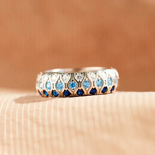 Load image 1 in gallery view. Circle Design White/Blue/Sea Blue Shiny Zircon Eternity Band Rings for Bridal Wedding Silver Plated