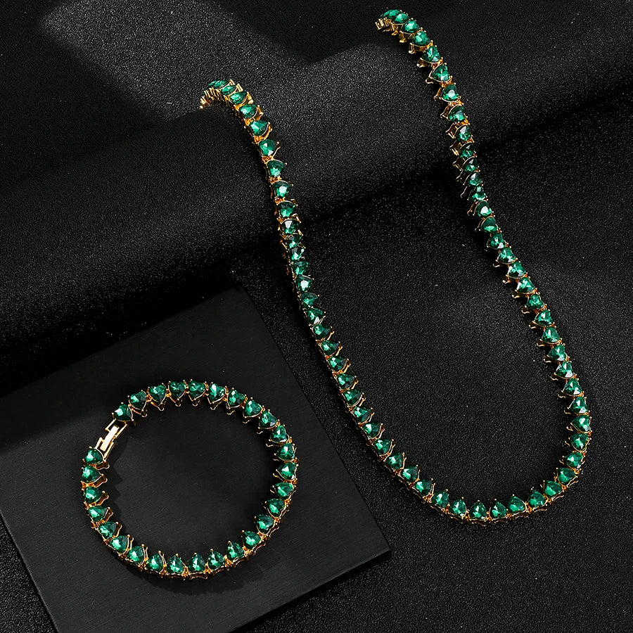 Personalized Silver Plated Green Heart Baguette Necklaces 2pcs Set for Women Girlfriend Wife Gifts