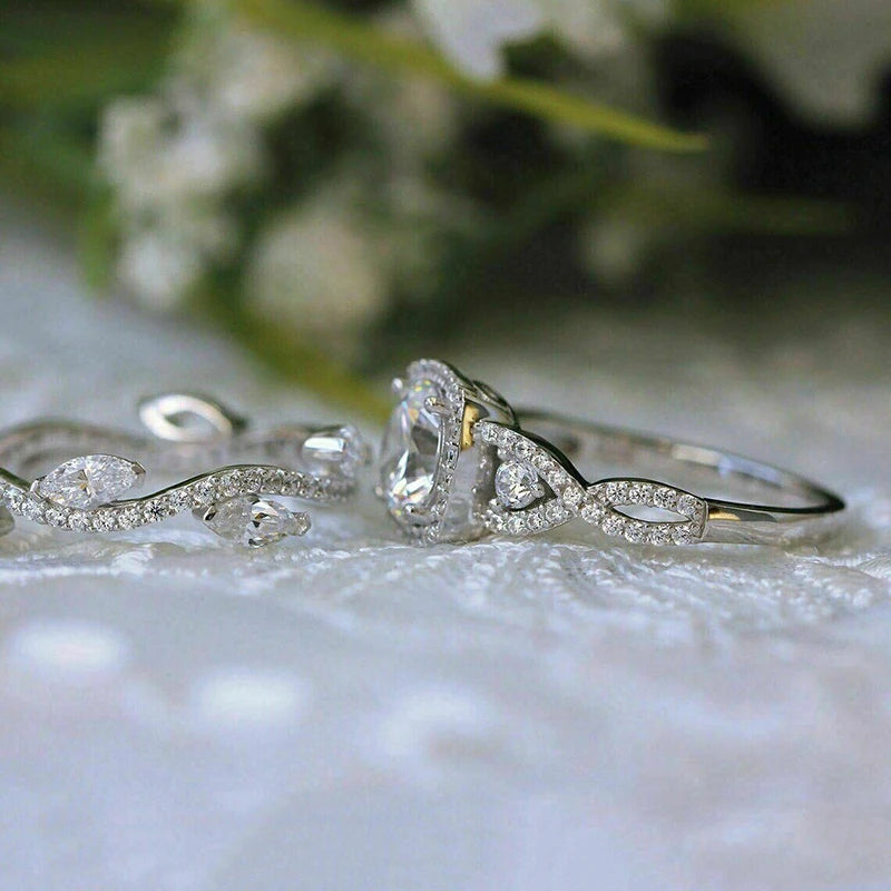 Silver Plated Geometry Shaped Design Dazzling Cubic Zirconia 2Pcs Sets Rings