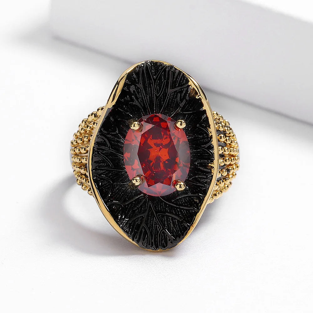 Vintage Court Style Oval Red Zirconia Antique Ring for Women