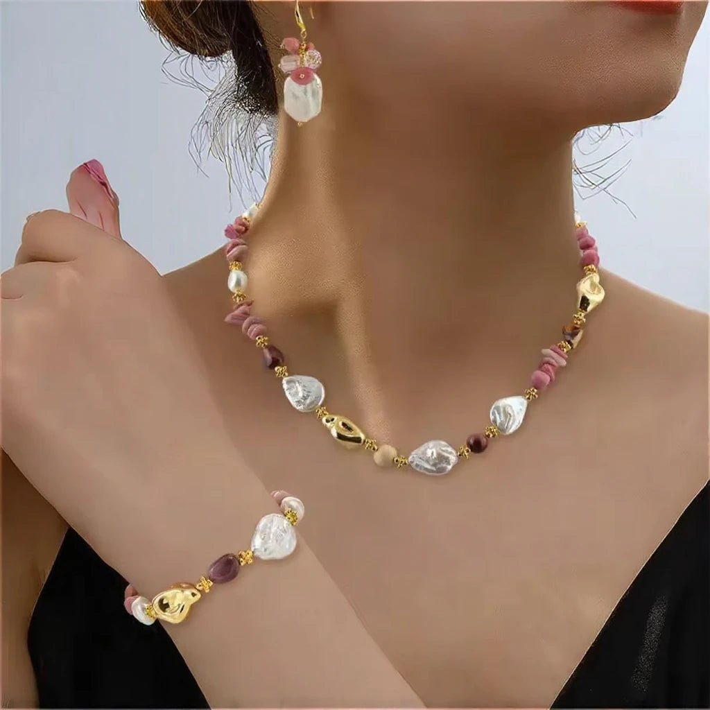 Gold Plated Freshwater Pearl Set Baroque Rose Stone 3pc Earring Necklace Bracelet For Women  Children