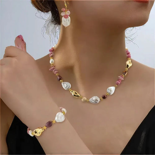 Load image 1 in gallery view. Gold Plated Freshwater Pearl Set Baroque Rose Stone 3pc Earring Necklace Bracelet For Women  Children
