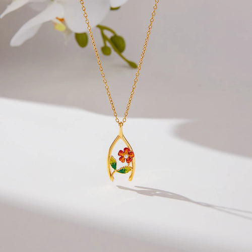 Load image 1 in gallery view. Flower Lucky Bone Wishbone Pendant Necklace