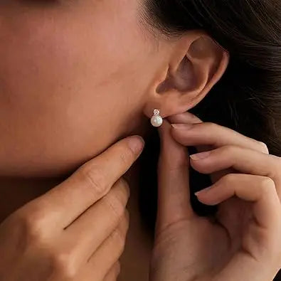 Freshwater Shell Pearl Stud Earrings, Cubic Zircon, 925 Sterling Silver Post Earrings